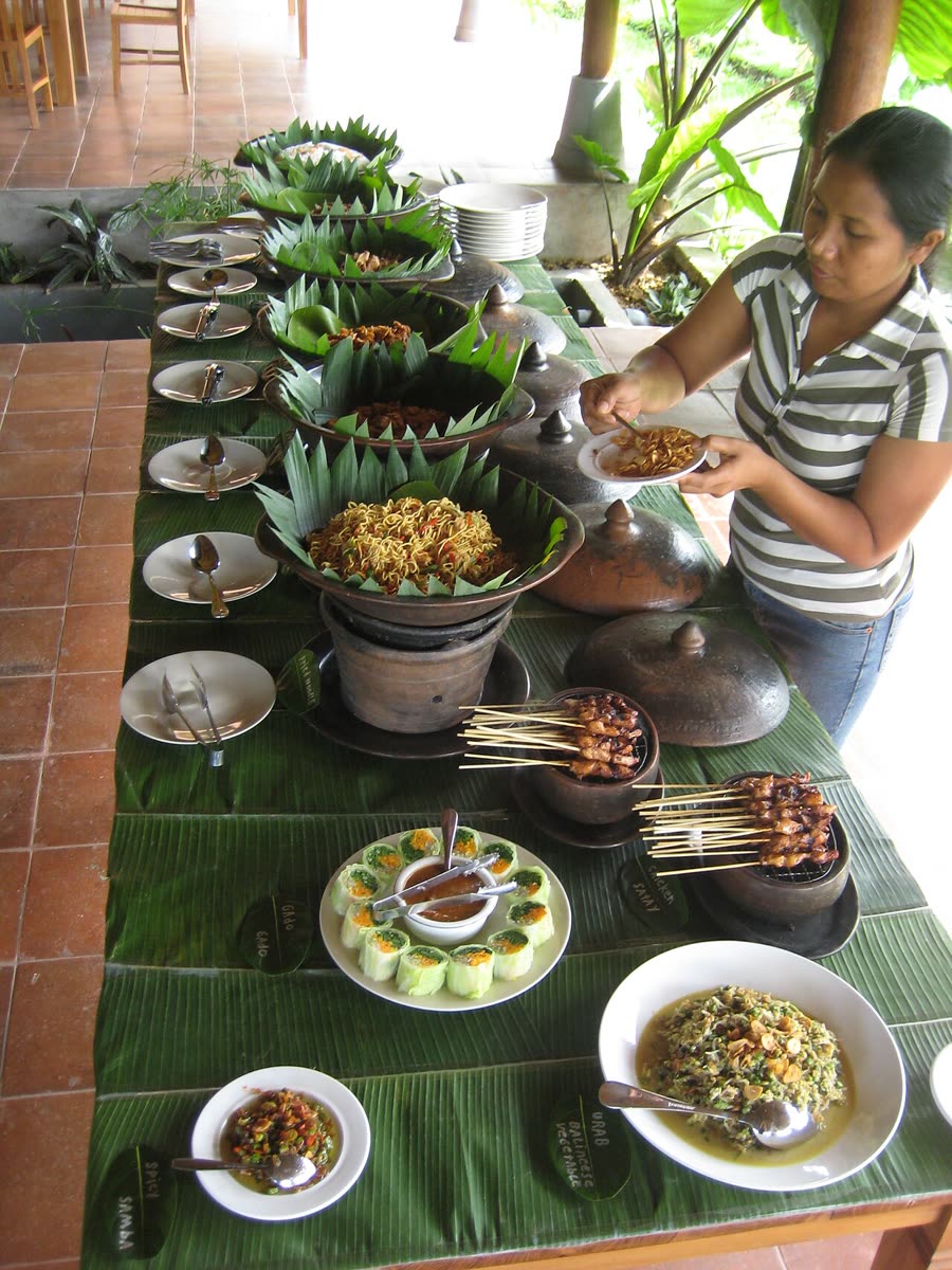 Balinese feast laid out on banana leaves