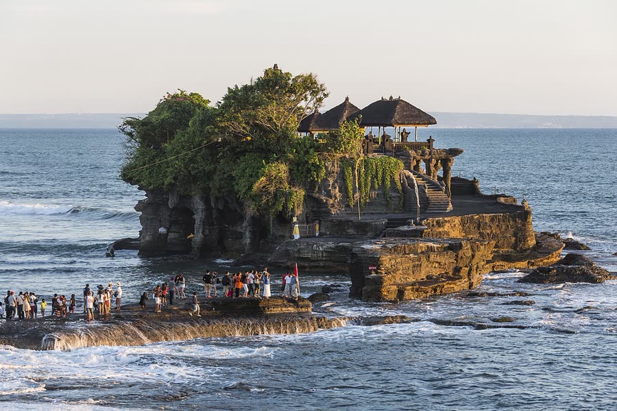Tanah Lot sea temple on its rock at golden hour