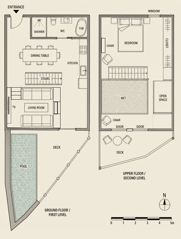 Villa Astu One floor plan: ground floor with living room, dining, kitchen, shower and WC, deck and pool; upper floor with bedroom, closet, the net lounge, open space and deck