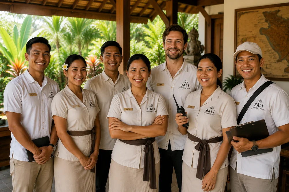 The experience team gathered on the villa terrace