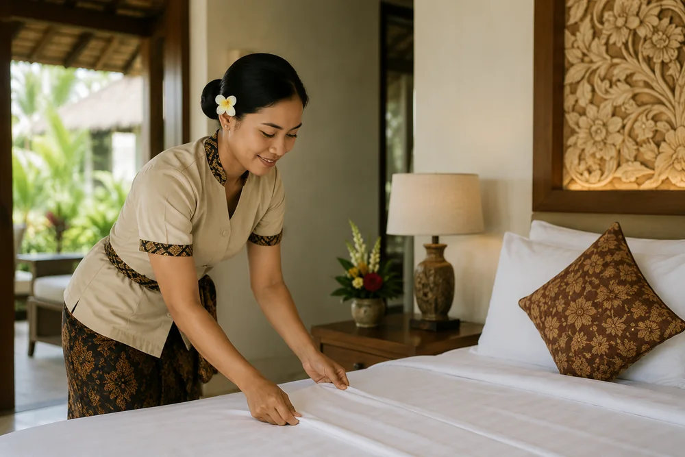 Housekeeping turning down a freshly made bed